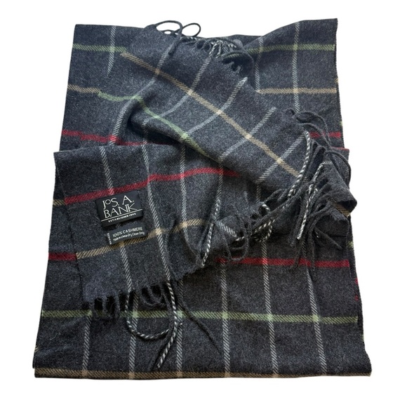 Jos. A. Bank 100% cashmere tartan grey plaid fringe scarf - Picture 2 of 2